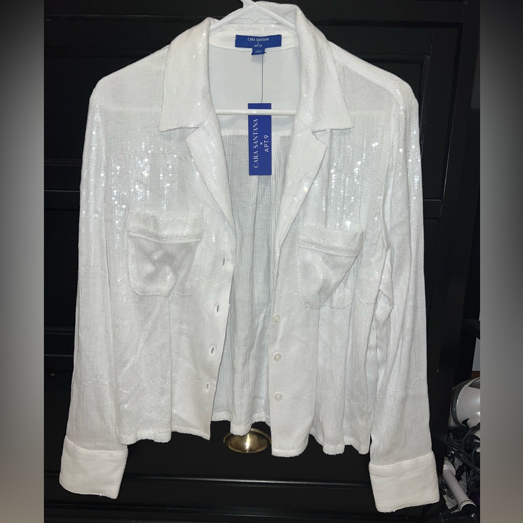 White Sequence Button Up